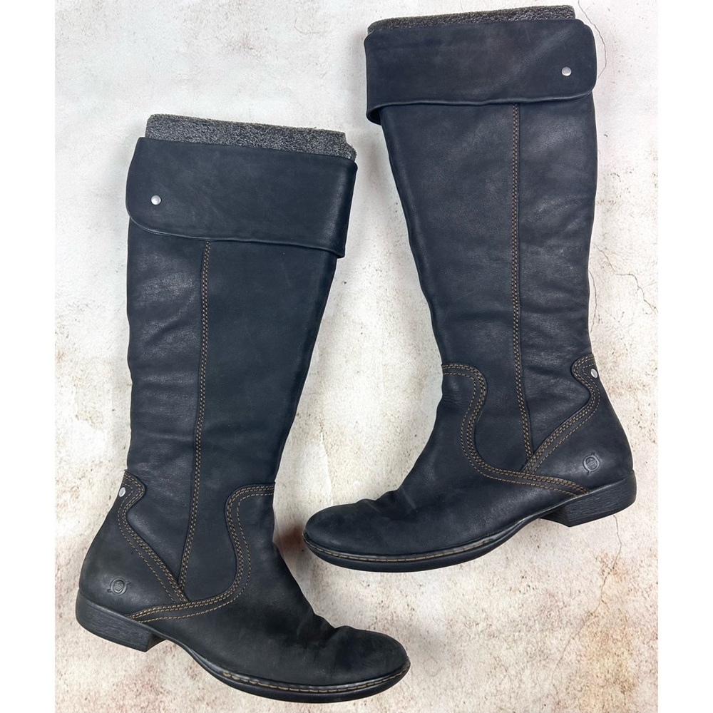 Born Tall Fold-Over Leather Riding Boots in Black with Gray Trim